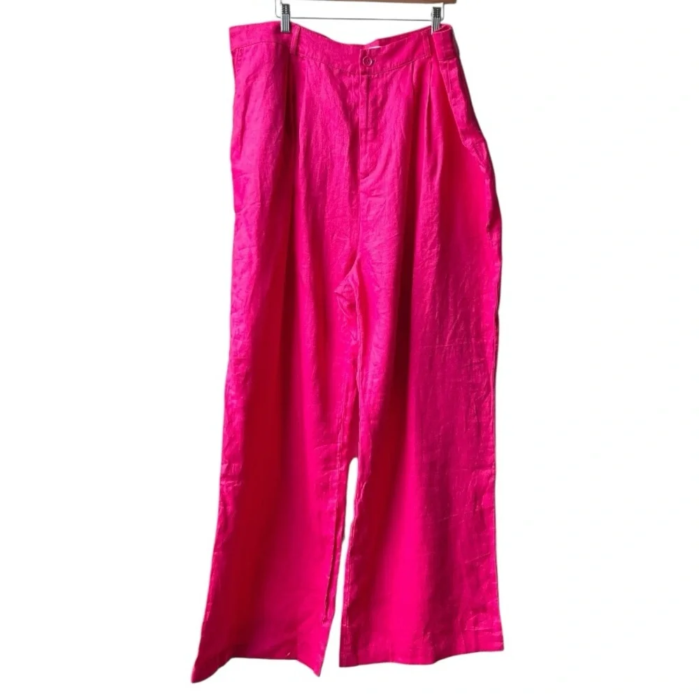 NWOT Reformation Vesta Pants Hot Pink High Waist Wide Leg Work Pants Linen Sz 18